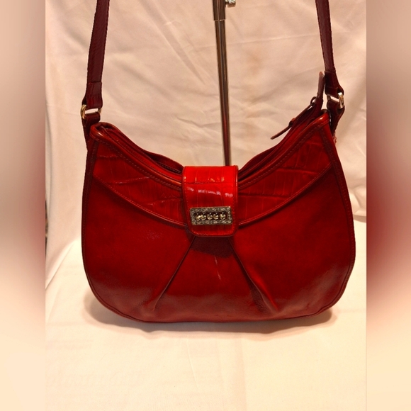 Brighton Red Leather croc Embossed shoulder bag 13.5"x10" EUC - Picture 1 of 14